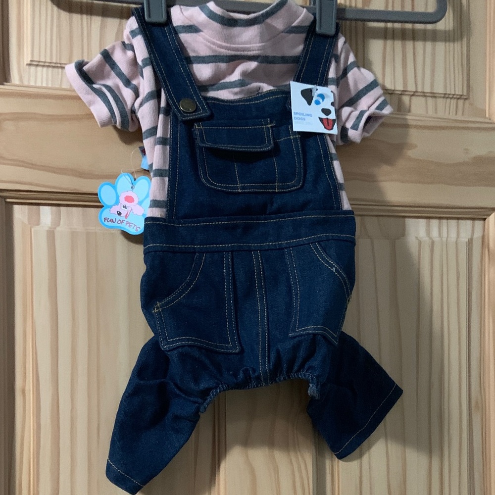 Denim/Pink Stripped Dog Onesie Outfit
